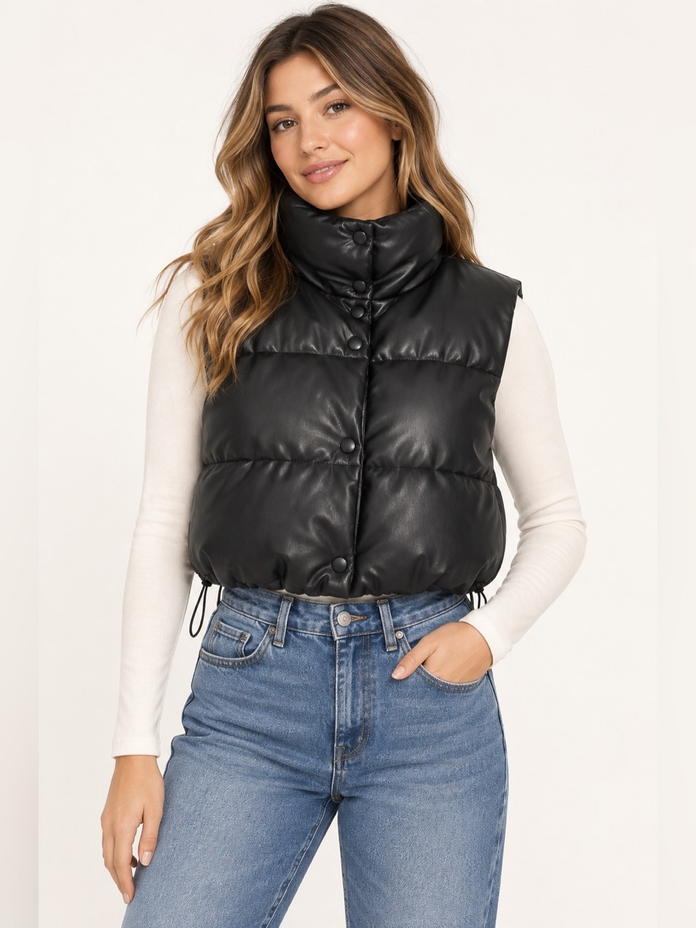 Love Tree Black Faux Leather Cropped Puffer Vest – Size Small NWOT